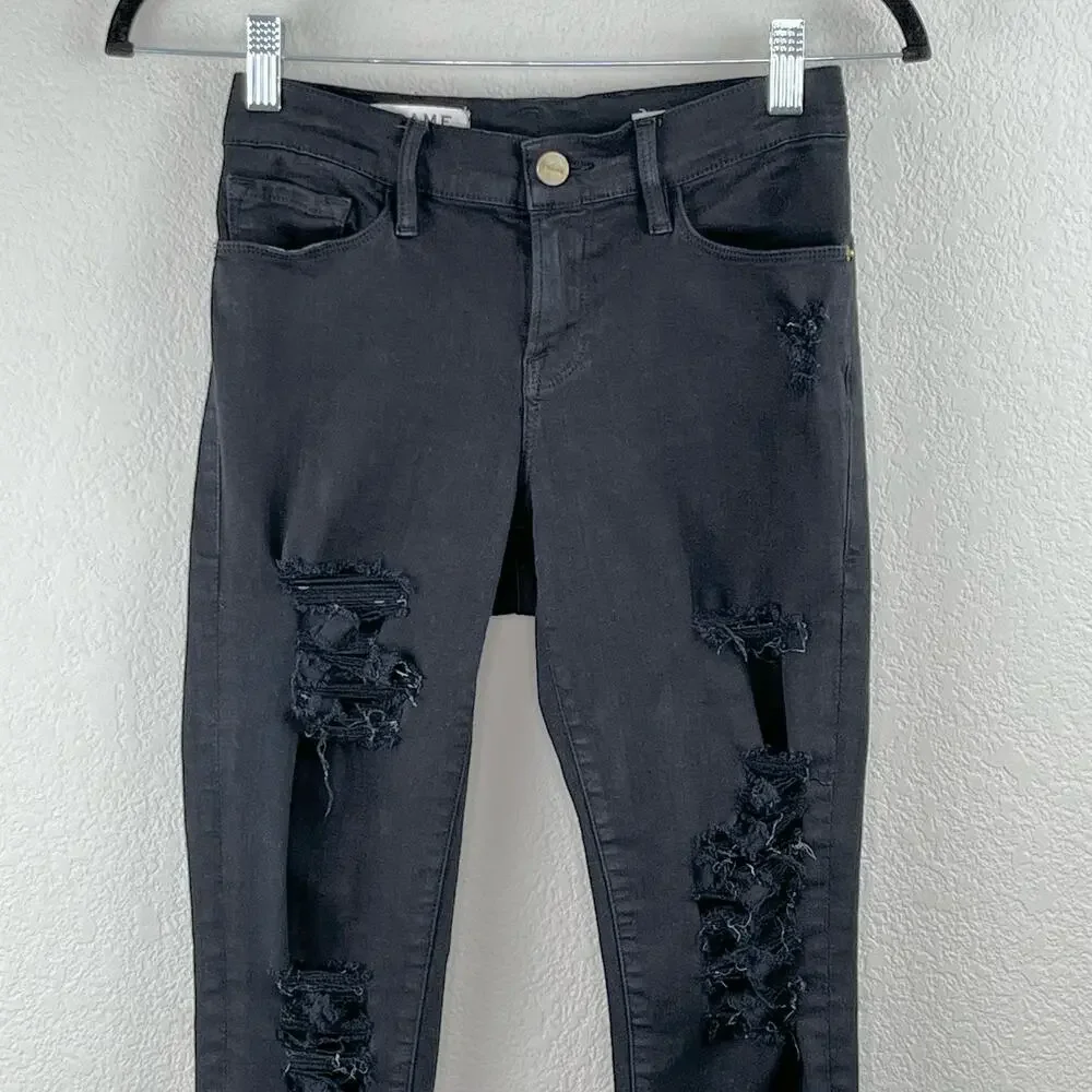 Frame Le Skinny de Jeanne Black Distressed Low Rise Denim Jeans 24